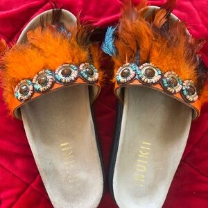 Inuikii Feather Embellished Sandals - Orange and Blue USA size 7.5-8